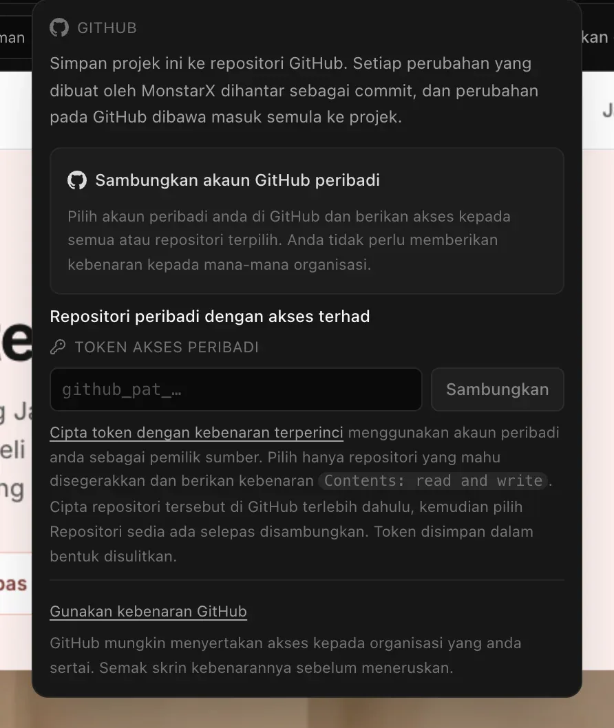 Menu GitHub dalam projek sebelum akaun disambungkan: penerangan tentang menyimpan projek ini ke repositori GitHub, Sambungkan akaun GitHub peribadi, medan token akses peribadi dengan Sambungkan, dan pautan Gunakan kebenaran GitHub dengan amaran bahawa GitHub mungkin menyertakan akses kepada organisasi anda