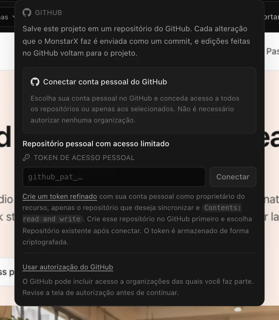 O menu GitHub em um projeto antes de conectar uma conta: Salve este projeto em um repositório do GitHub, Conectar conta pessoal do GitHub, Repositório pessoal com acesso limitado com um campo Token de acesso pessoal e o botão Conectar, e o link Usar autorização do GitHub