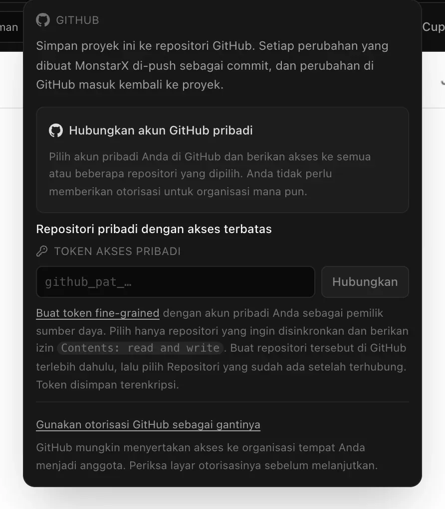 Menu GitHub di sebuah proyek sebelum akun terhubung: Simpan proyek ini ke repositori GitHub, Hubungkan akun GitHub pribadi, kolom token akses pribadi dengan Hubungkan, dan Gunakan otorisasi GitHub sebagai gantinya