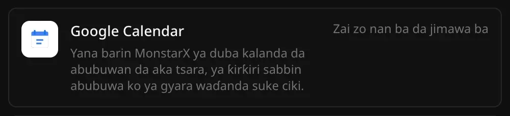 Layin Google Calendar a Haɗin sabis: Yana barin MonstarX ya duba kalanda da abubuwan da aka tsara, ya ƙirƙiri sabbin abubuwa ko ya gyara waɗanda suke ciki, tare da alamar Zai zo nan ba da jimawa ba