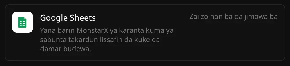 Layin Google Sheets a Haɗin sabis: Yana barin MonstarX ya karanta kuma ya sabunta takardun lissafin da kuke da damar buɗewa, tare da alamar Zai zo nan ba da jimawa ba