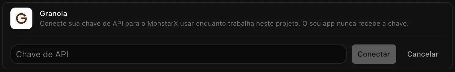 A linha do Granola aberta para conectar, com o campo Chave de API vazio e os botões Conectar e Cancelar