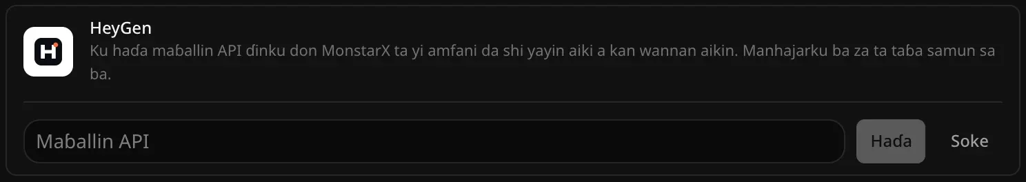 Layin HeyGen a buɗe don haɗawa, da filin Maɓallin API babu komai, da maɓallan Haɗa da Soke