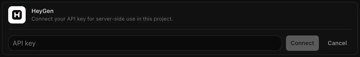 The HeyGen row opened for connecting, with an empty API key field and Connect and Cancel buttons