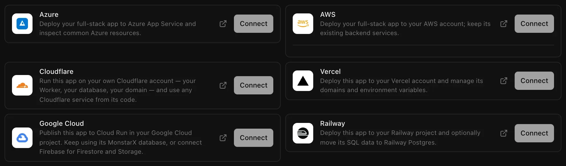 The hosting connectors in Backend, Cloud: Azure, AWS, Cloudflare, Vercel, Google Cloud and Railway, each with a short description and a Connect button