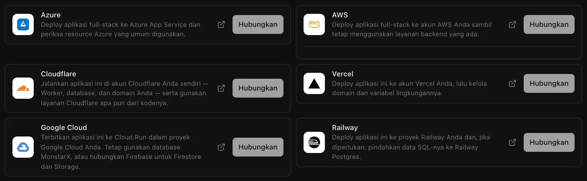 Konektor hosting di Backend, Cloud: Azure, AWS, Cloudflare, Vercel, Google Cloud, dan Railway, masing-masing dengan deskripsi singkat dan tombol Hubungkan