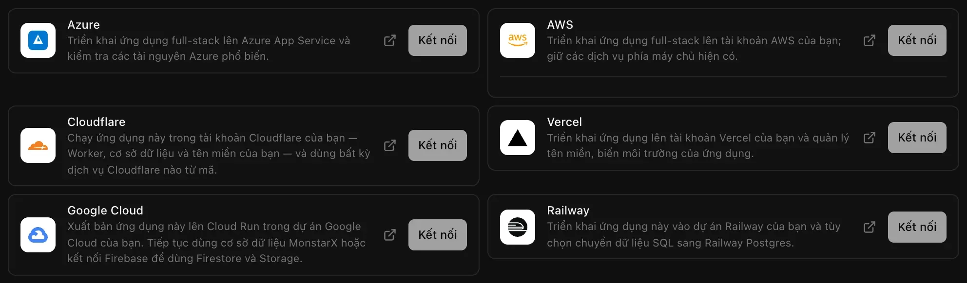 Các trình kết nối hosting trong Dịch vụ đám mây, Đám mây: Azure, AWS, Cloudflare, Vercel, Google Cloud và Railway, mỗi nền tảng có mô tả ngắn và nút Kết nối