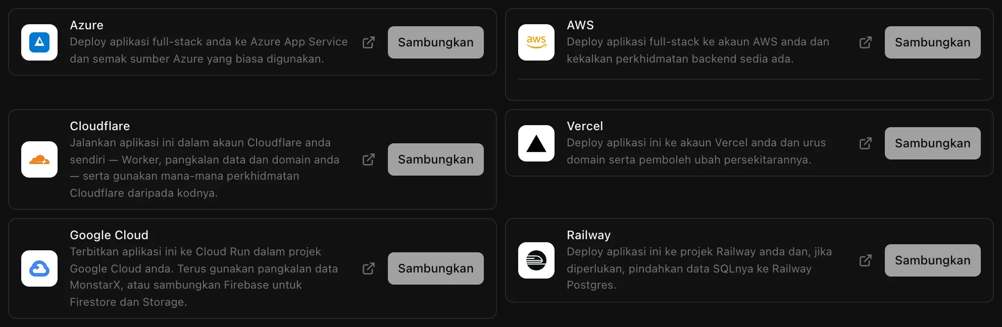 Penyambung pengehosan dalam Backend, Cloud: Azure, AWS, Cloudflare, Vercel, Google Cloud dan Railway, setiap satu dengan penerangan ringkas dan butang Sambungkan