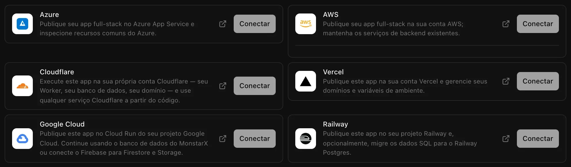 Os conectores de hospedagem em Backend, Nuvem: Azure, AWS, Cloudflare, Vercel, Google Cloud e Railway, cada um com uma descrição curta e um botão Conectar