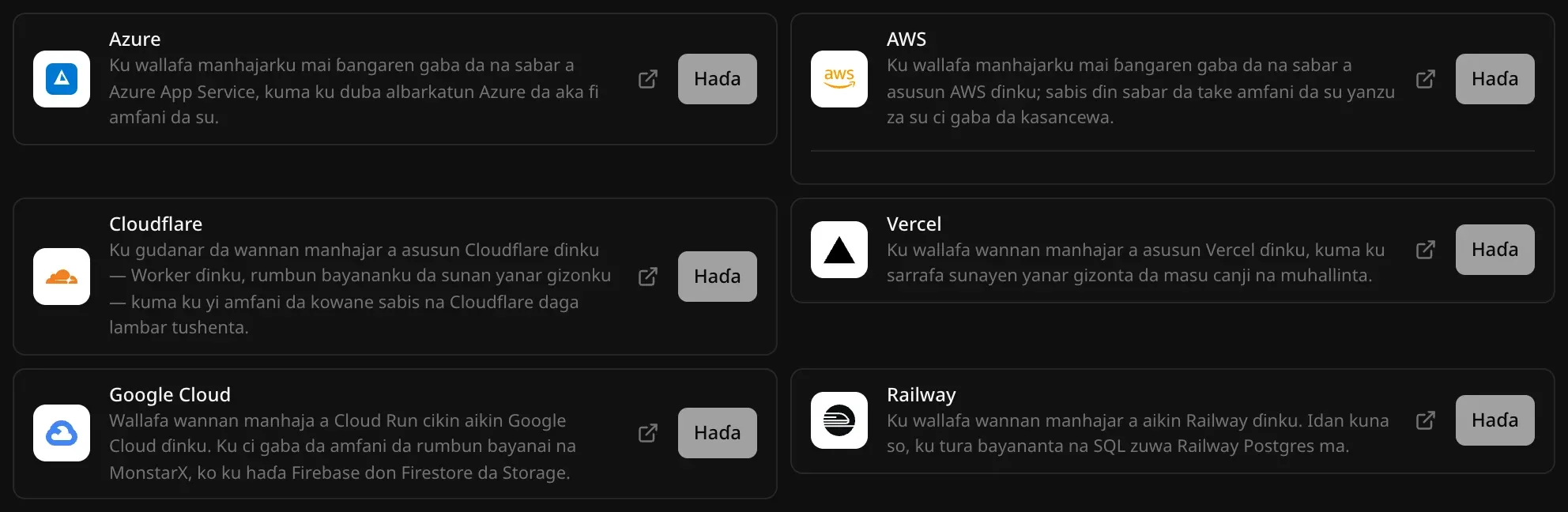 Haɗin sabis na masauki a Sabis na gajimare, Gajimare: Azure, AWS, Cloudflare, Vercel, Google Cloud da Railway, kowanne da gajeren bayani da maɓallin Haɗa