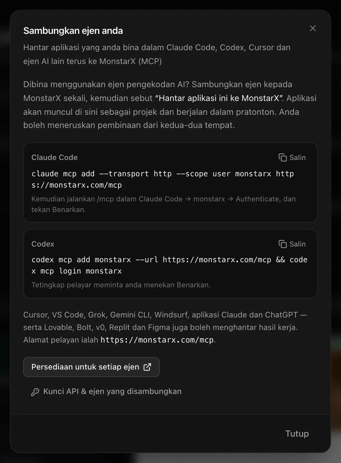 Sambungkan ejen anda: Dibina menggunakan ejen pengekodan AI? Sambungkan ejen kepada MonstarX sekali, kemudian sebut “Hantar aplikasi ini ke MonstarX”. Arahan yang boleh disalin untuk Claude Code dan Codex, senarai ejen lain, alamat pelayan https://monstarx.com/mcp, Persediaan untuk setiap ejen dan Kunci API & ejen yang disambungkan