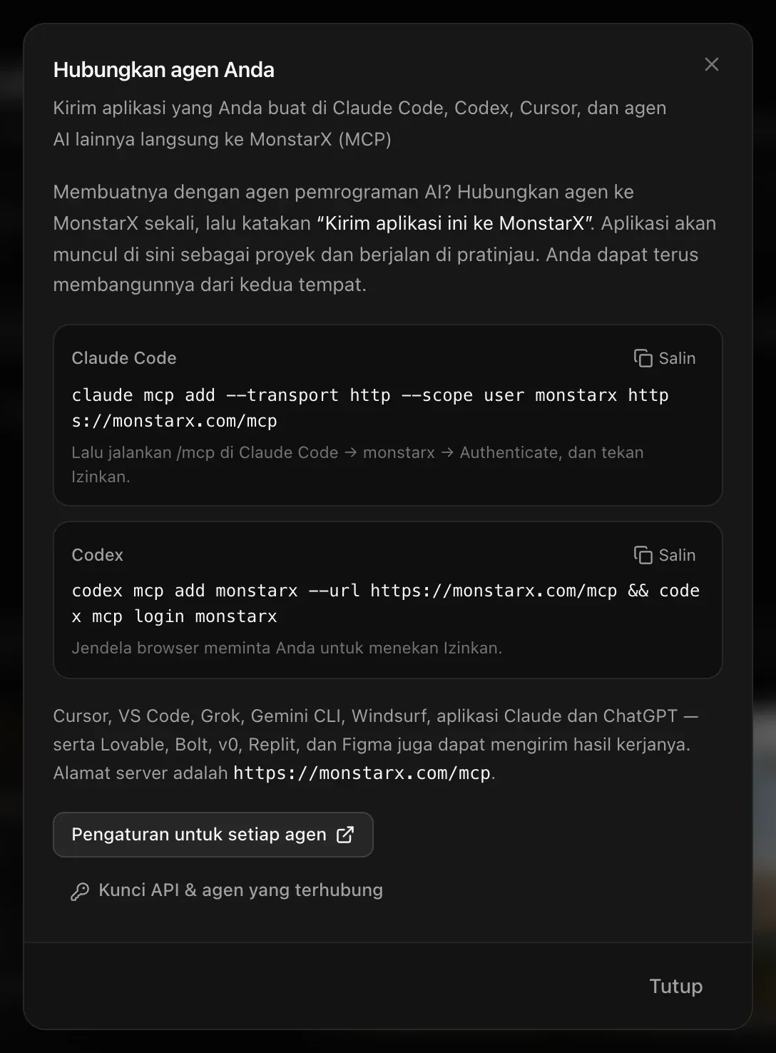 Hubungkan agen Anda: “Membuatnya dengan agen pemrograman AI? Hubungkan agen ke MonstarX sekali, lalu katakan “Kirim aplikasi ini ke MonstarX”.” Perintah yang bisa disalin untuk Claude Code dan Codex, daftar agen lain, alamat server https://monstarx.com/mcp, Pengaturan untuk setiap agen, serta Kunci API & agen yang terhubung