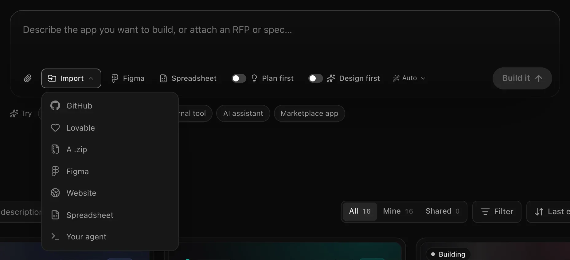 The Import menu open under the prompt box: GitHub, Lovable, A .zip, Figma, Website, Spreadsheet and Your agent