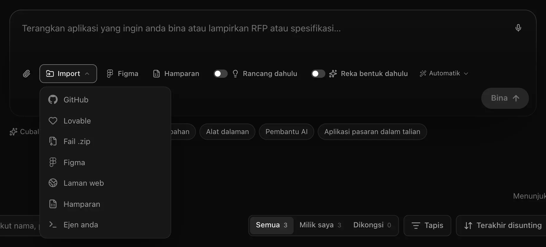 Menu Import terbuka di bawah kotak prom: GitHub, Lovable, Fail .zip, Figma, Laman web, Hamparan dan Ejen anda