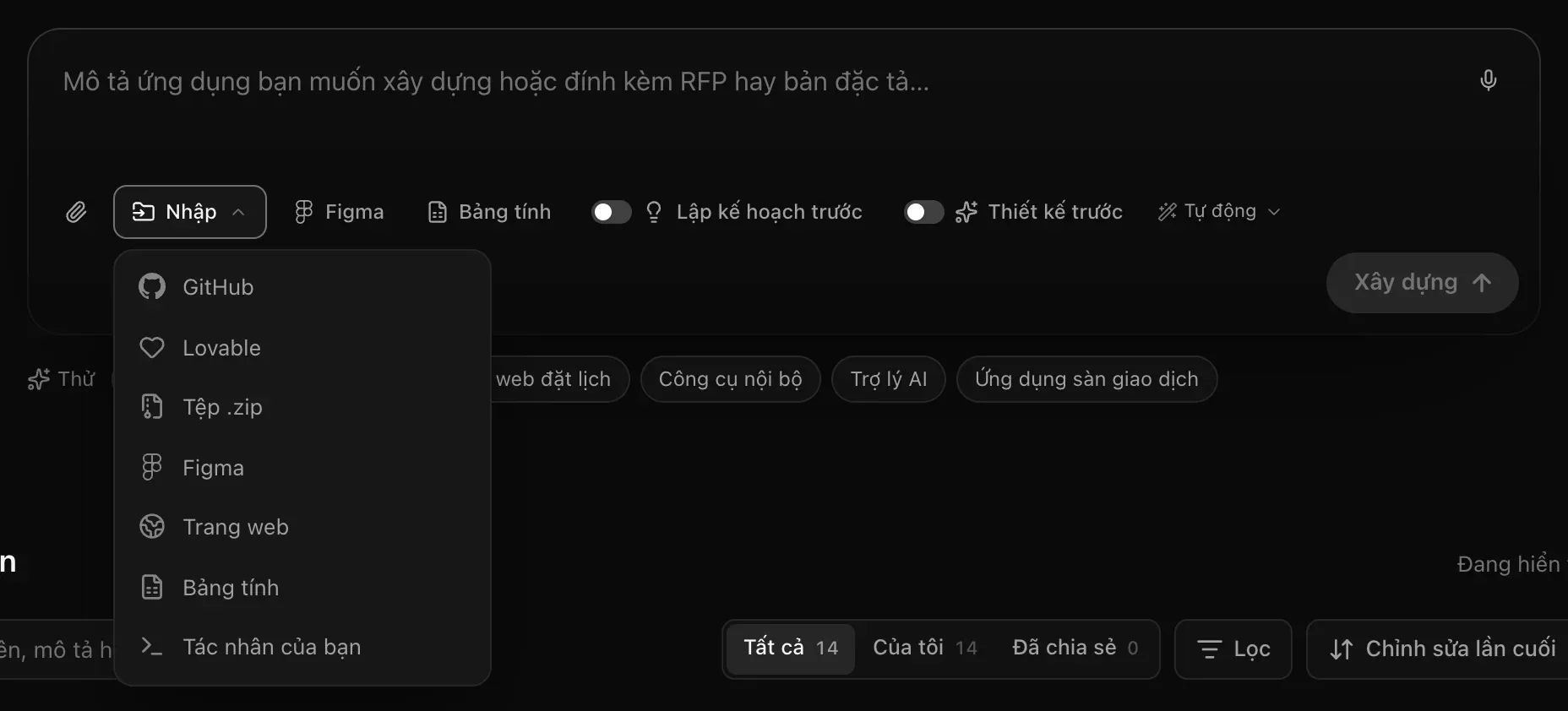 Menu Nhập mở bên dưới ô nhập câu lệnh: GitHub, Lovable, Tệp .zip, Figma, Trang web, Bảng tính và Tác nhân của bạn