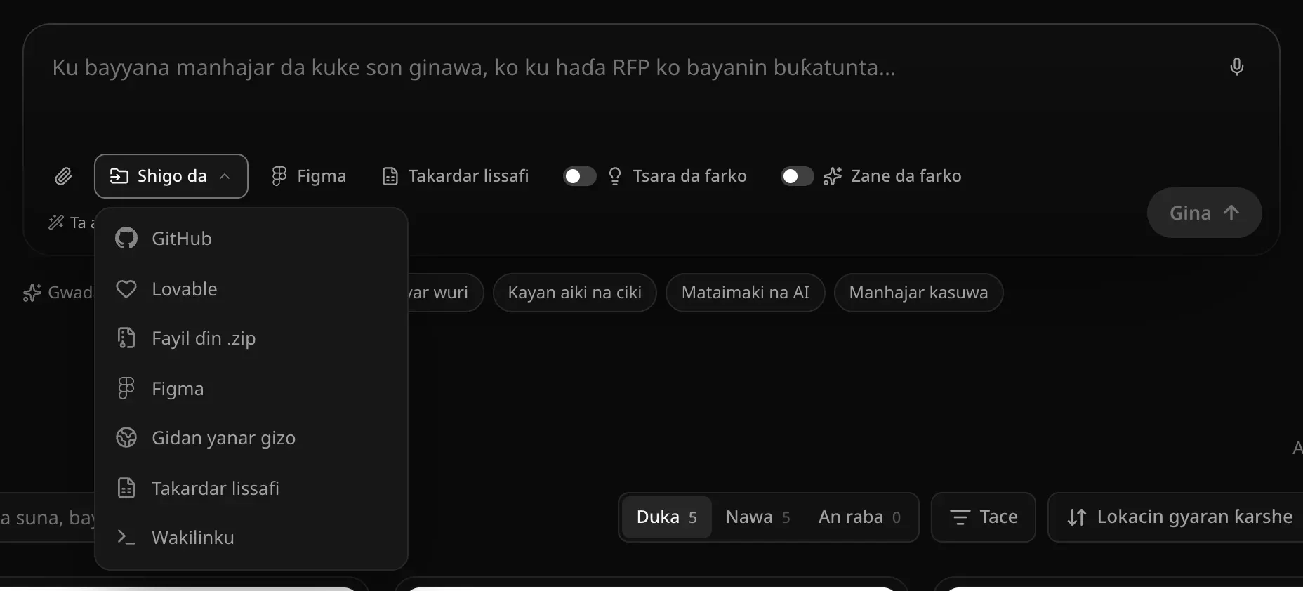 Menu na Shigo da a buɗe ƙarƙashin akwatin rubutu: GitHub, Lovable, Fayil ɗin .zip, Figma, Gidan yanar gizo, Takardar lissafi da Wakilinku