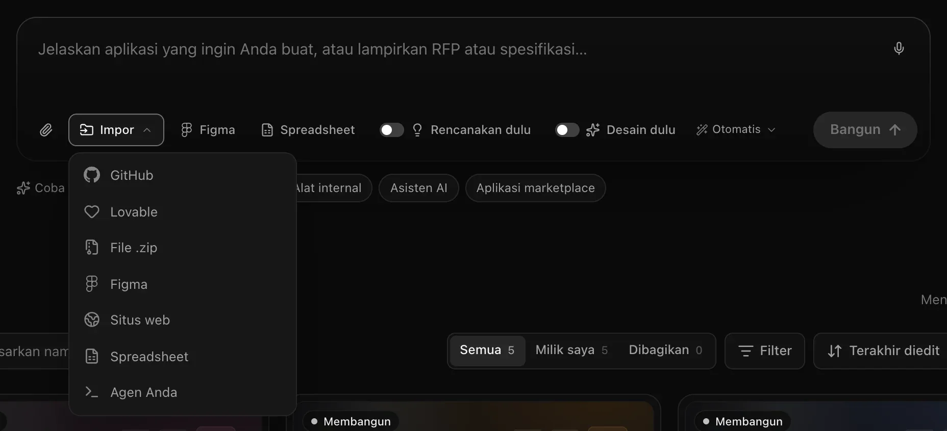 Menu Impor terbuka di bawah kotak prompt: GitHub, Lovable, File .zip, Figma, Situs web, Spreadsheet, dan Agen Anda