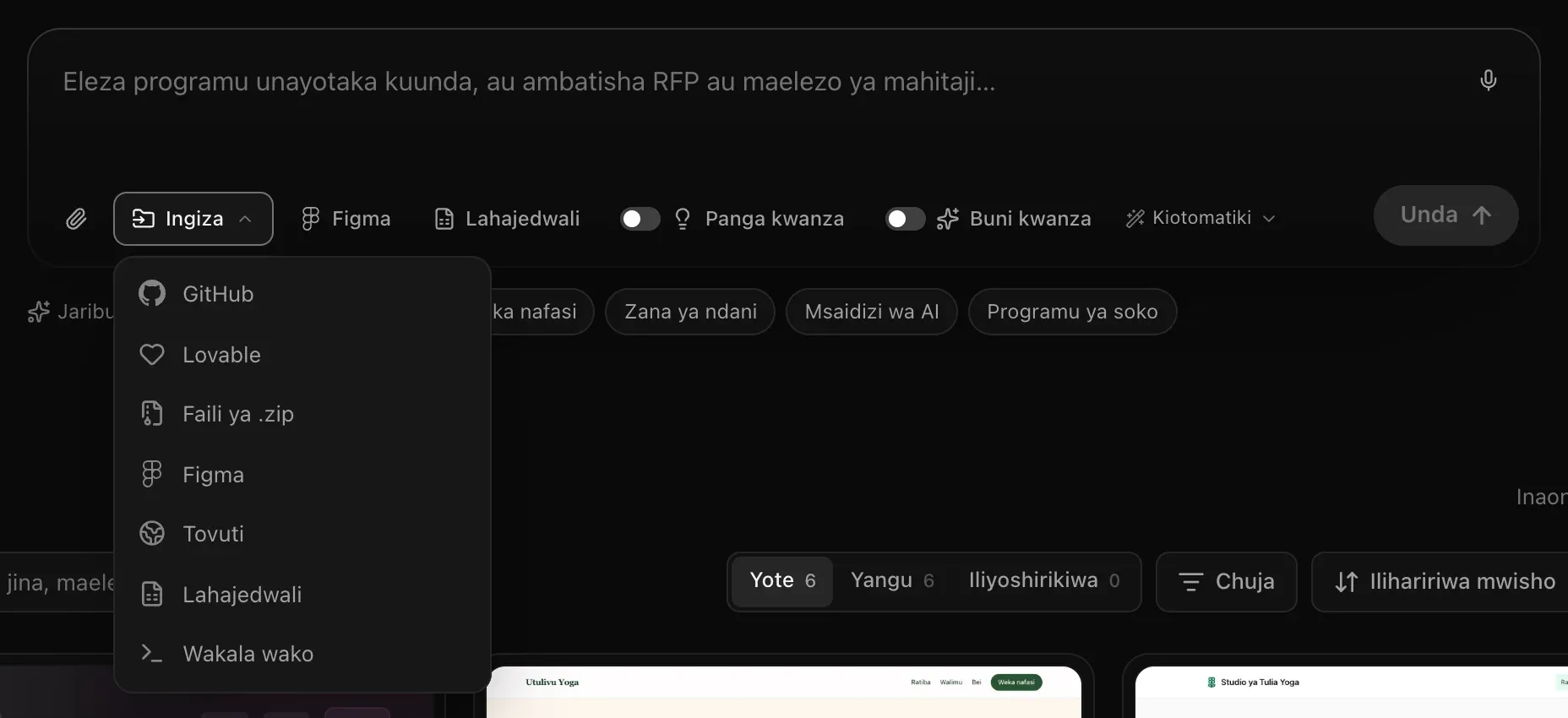 Menyu ya Ingiza imefunguliwa chini ya kisanduku cha ombi: GitHub, Lovable, Faili ya .zip, Figma, Tovuti, Lahajedwali na Wakala wako