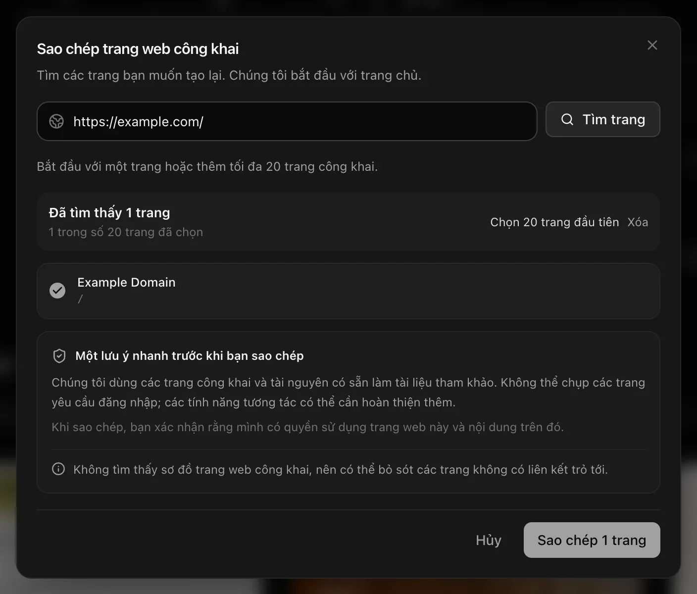 Sao chép trang web công khai: https://example.com/ với 1 trang được tìm thấy (đã chọn 1 trong 20 trang), lưu ý trước khi sao chép và nút Sao chép 1 trang