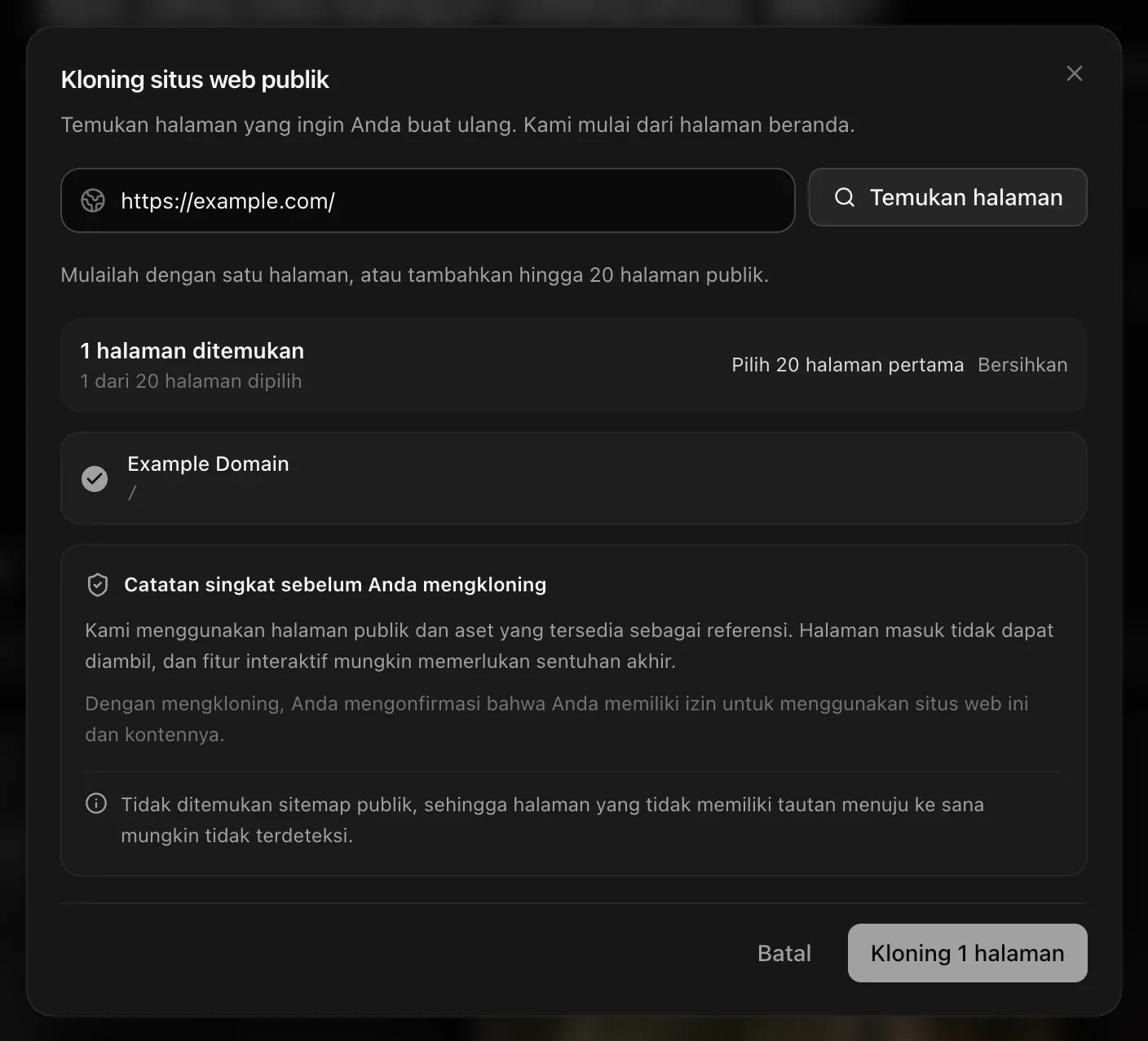 Kloning situs web publik: https://example.com/ dengan 1 halaman ditemukan (1 dari 20 halaman dipilih), catatan sebelum mengkloning, dan Kloning 1 halaman