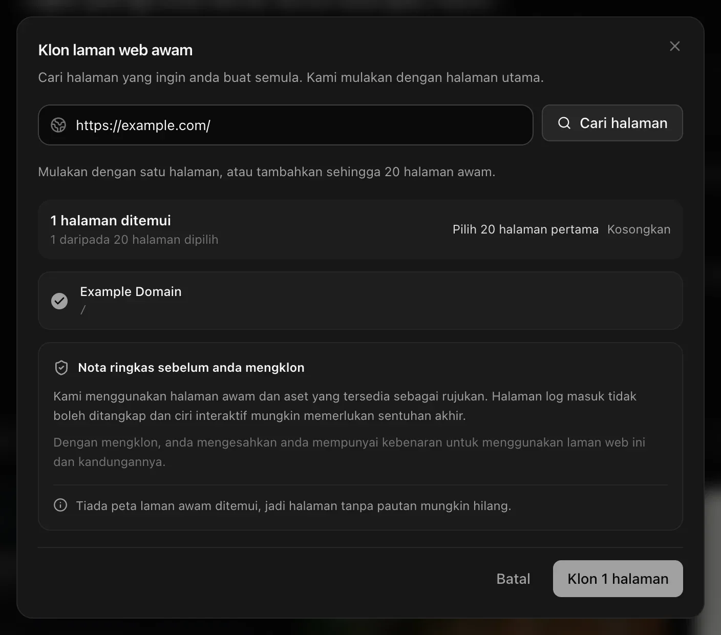 Klon laman web awam: https://example.com/ dengan 1 halaman ditemui (1 daripada 20 halaman dipilih), nota sebelum mengklon dan Klon 1 halaman