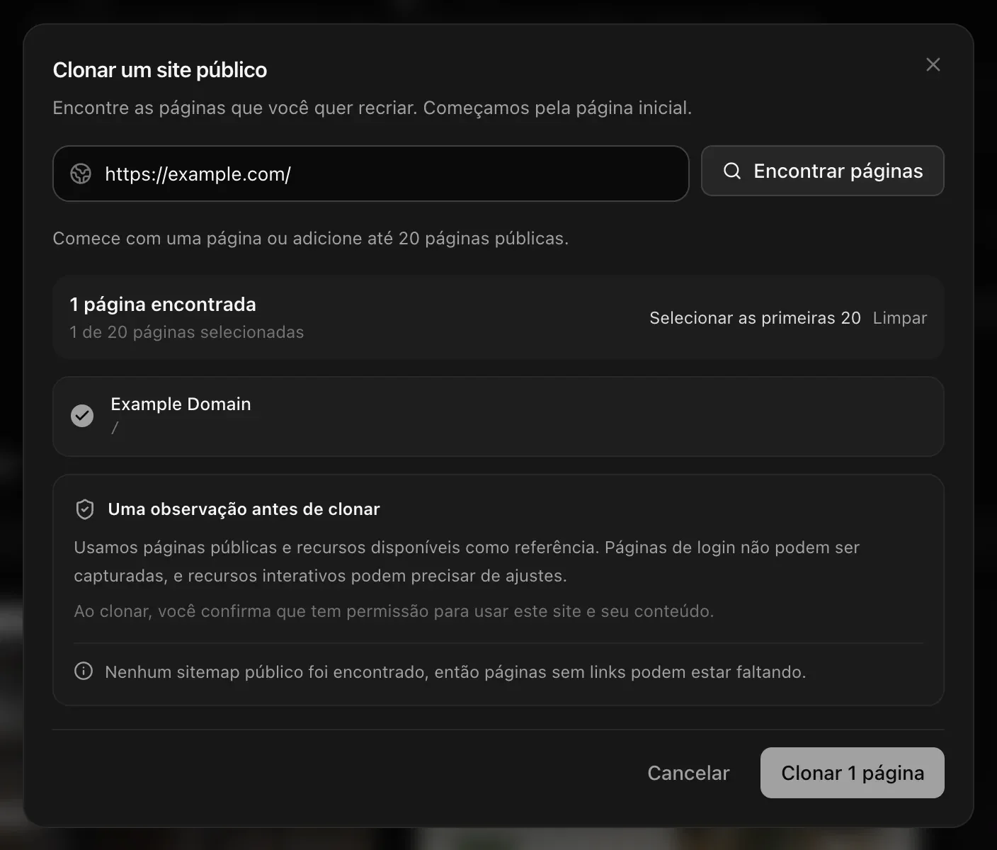 Clonar um site público: https://example.com/ com 1 página encontrada (1 de 20 páginas selecionadas), a observação antes de clonar e Clonar 1 página