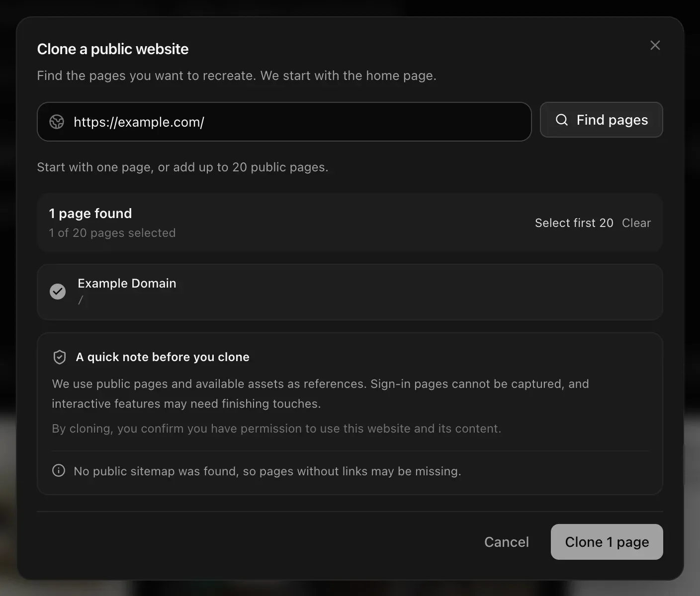 Clone a public website: https://example.com/ with 1 page found (1 of 20 pages selected), the note before cloning and Clone 1 page