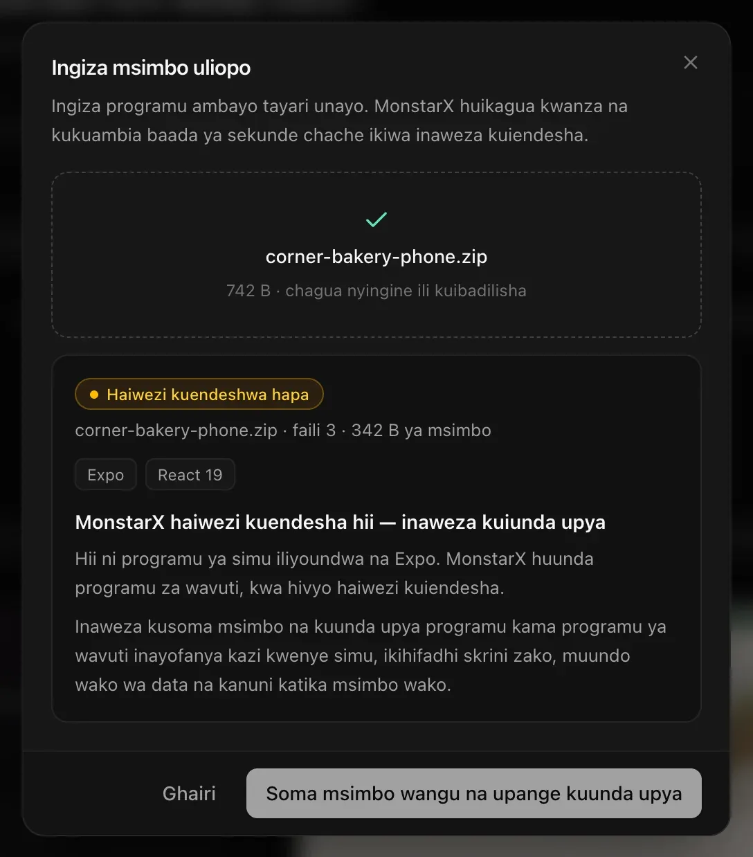 corner-bakery-phone.zip imekaguliwa: Haiwezi kuendeshwa hapa — Expo, React 19. MonstarX haiwezi kuendesha hii — inaweza kuiunda upya. Hii ni programu ya simu iliyoundwa na Expo… Inaweza kusoma msimbo na kuunda upya programu kama programu ya wavuti inayofanya kazi kwenye simu, ikihifadhi skrini zako, muundo wako wa data na kanuni katika msimbo wako. Soma msimbo wangu na upange kuunda upya