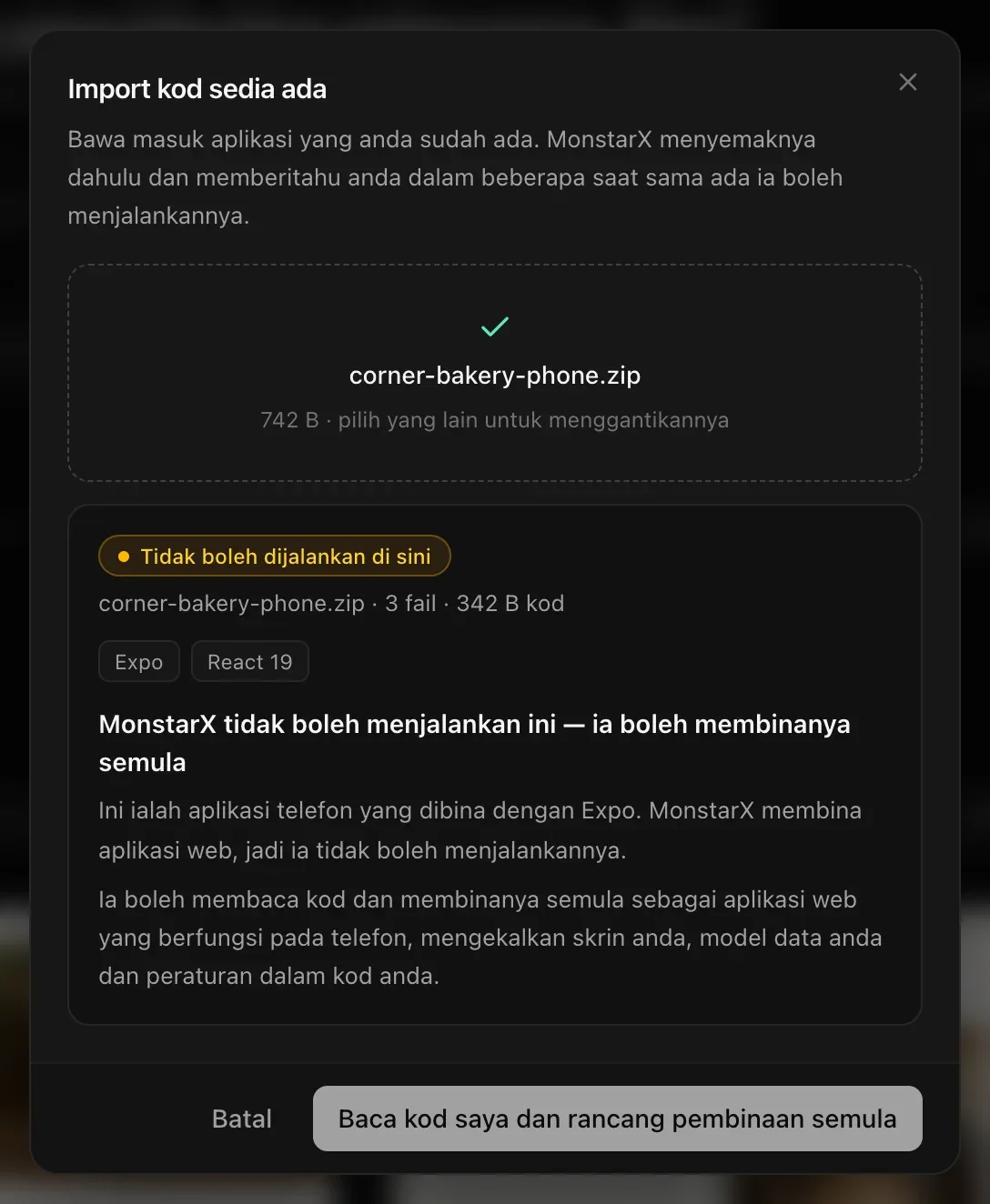 Fail zip aplikasi telefon sebuah kedai roti sudah disemak: Tidak boleh dijalankan di sini — Expo, React 19. MonstarX tidak boleh menjalankan ini — ia boleh membinanya semula. Ini ialah aplikasi telefon yang dibina dengan Expo… Ia boleh membaca kod dan membinanya semula sebagai aplikasi web yang berfungsi pada telefon, mengekalkan skrin, model data dan peraturan dalam kod anda. Baca kod saya dan rancang pembinaan semula