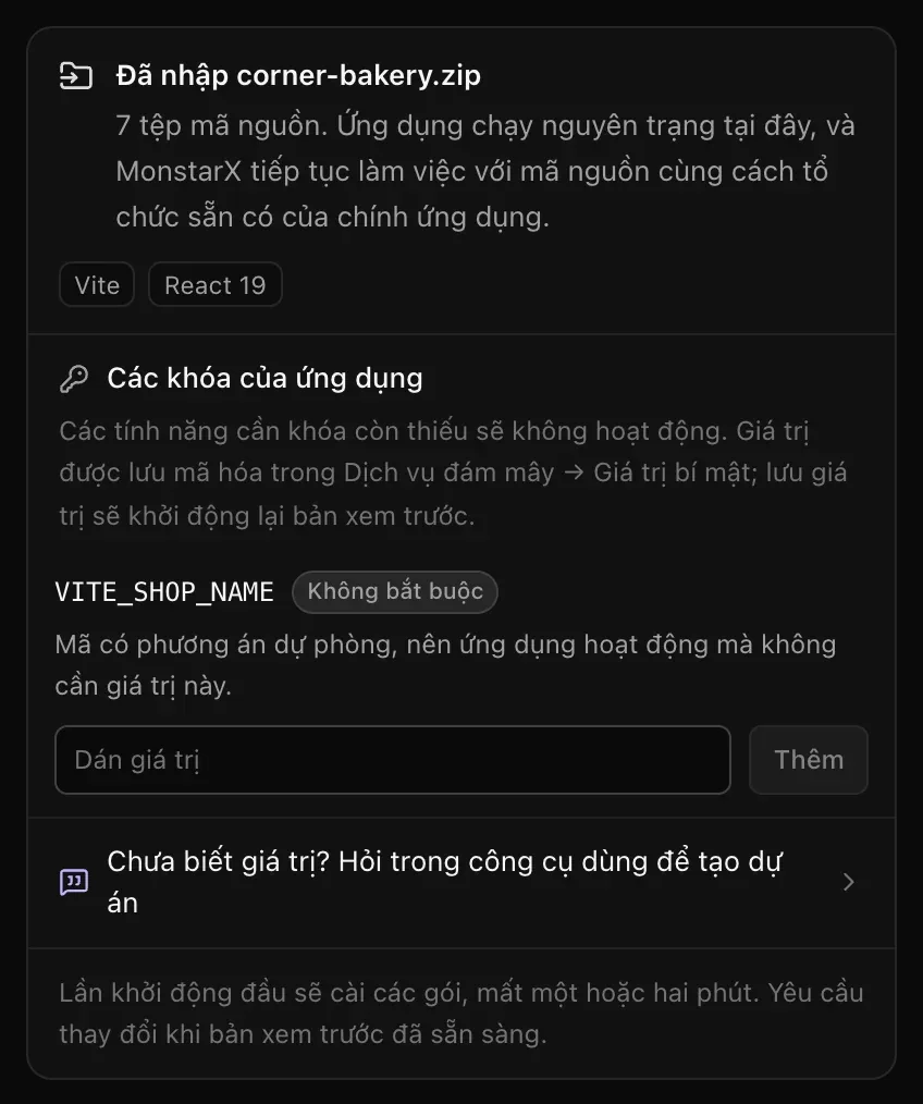 Đã nhập corner-bakery.zip: Các khóa của ứng dụng — VITE_SHOP_NAME, Không bắt buộc, mã có giá trị dự phòng nên ứng dụng vẫn chạy khi thiếu — với ô Dán giá trị và nút Thêm, tiếp theo là Chưa biết giá trị? Hỏi trong công cụ dùng để tạo dự án