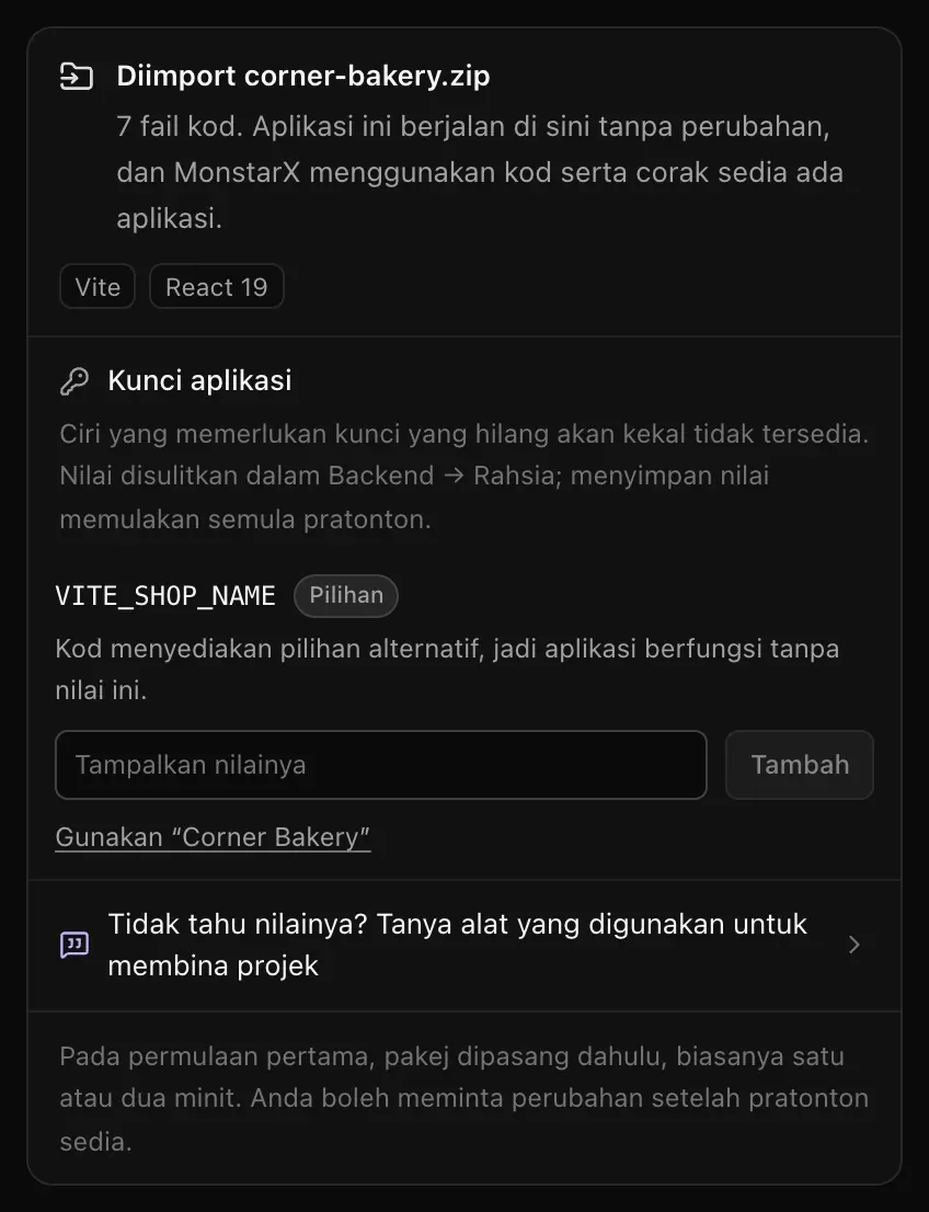 Kad Diimport untuk fail zip kedai roti: Kunci aplikasi — VITE_SHOP_NAME, Pilihan, Kod menyediakan pilihan alternatif, jadi aplikasi berfungsi tanpa nilai ini — dengan Tampalkan nilainya, Tambah dan Gunakan “Corner Bakery”, kemudian Tidak tahu nilainya? Tanya alat yang digunakan untuk membina projek