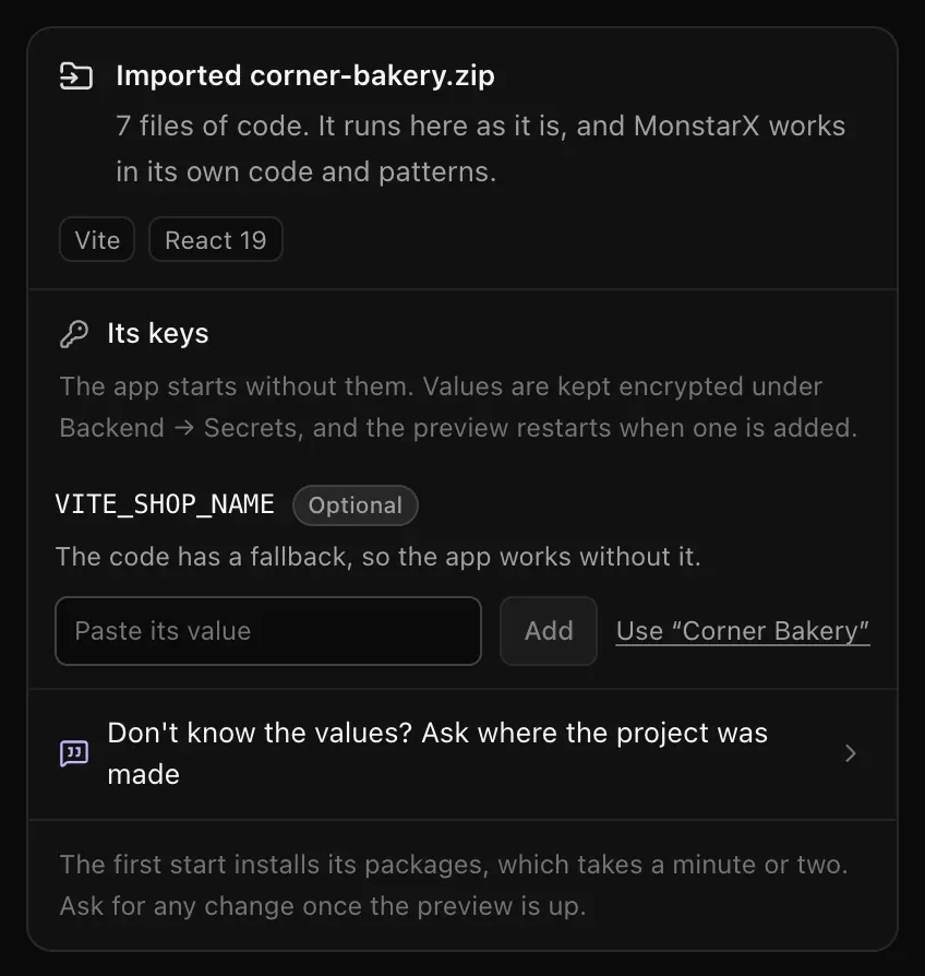 Imported corner-bakery.zip: Its keys — VITE_SHOP_NAME, Optional, The code has a fallback, so the app works without it — with Paste its value, Add and Use “Corner Bakery”, then Don't know the values? Ask where the project was made