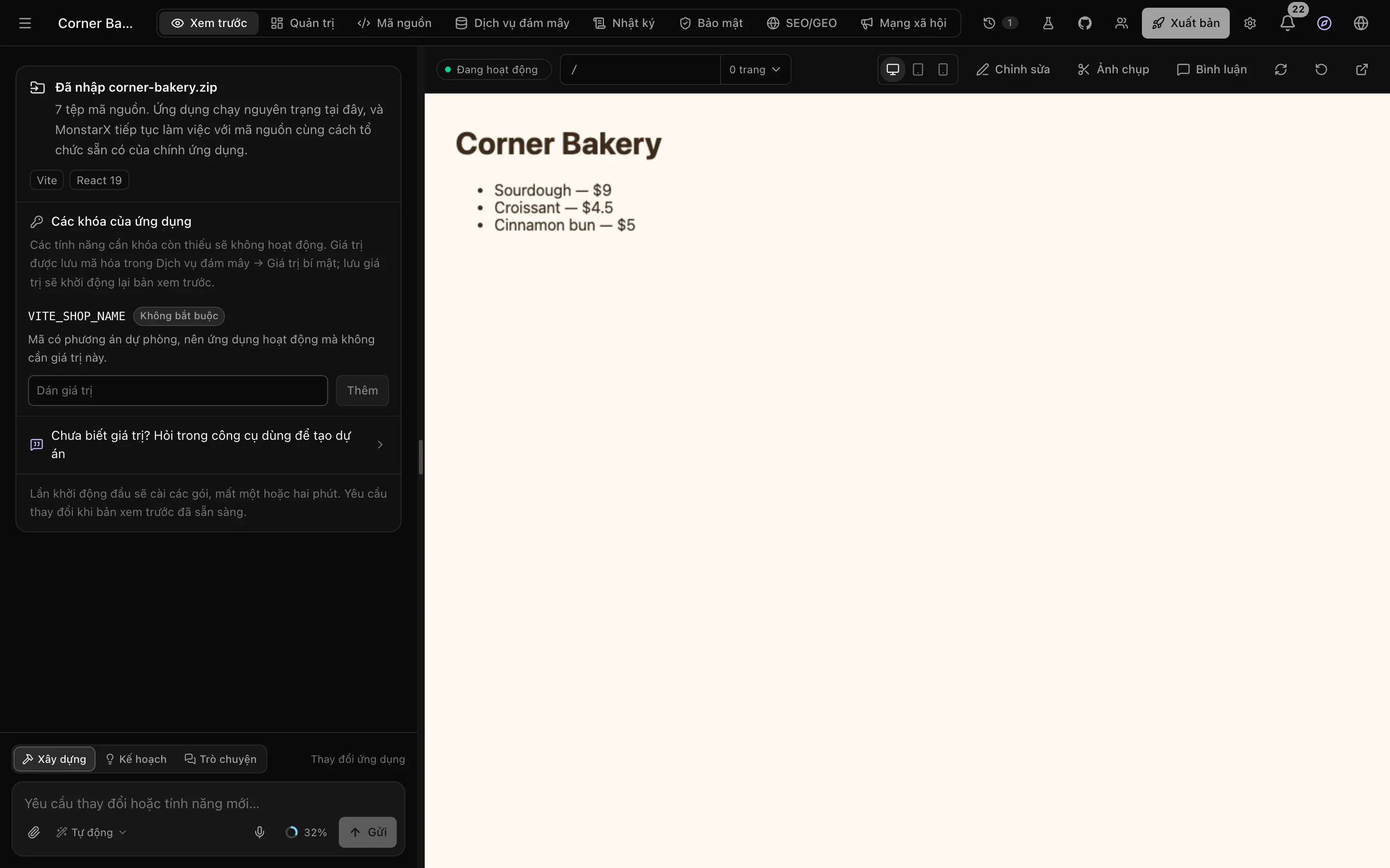 Ứng dụng tiệm bánh đã nhập đang chạy trong bản xem trước, cùng thẻ Đã nhập corner-bakery.zip trong cuộc trò chuyện: 7 tệp mã, Vite và React 19, và Các khóa của ứng dụng