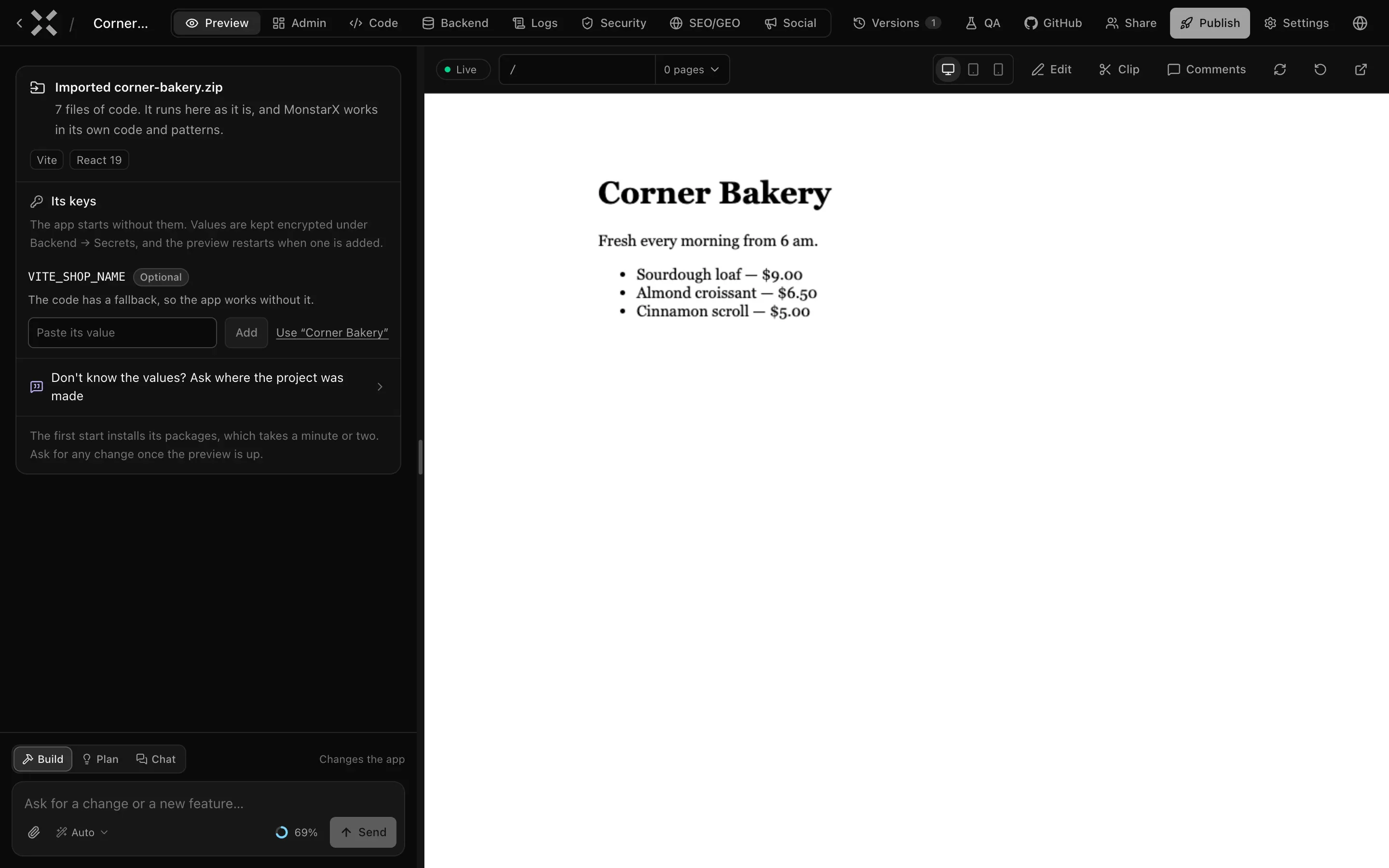 The imported Corner Bakery app running in the preview, with the Imported corner-bakery.zip card in the chat: 7 files of code, Vite and React 19, and Its keys