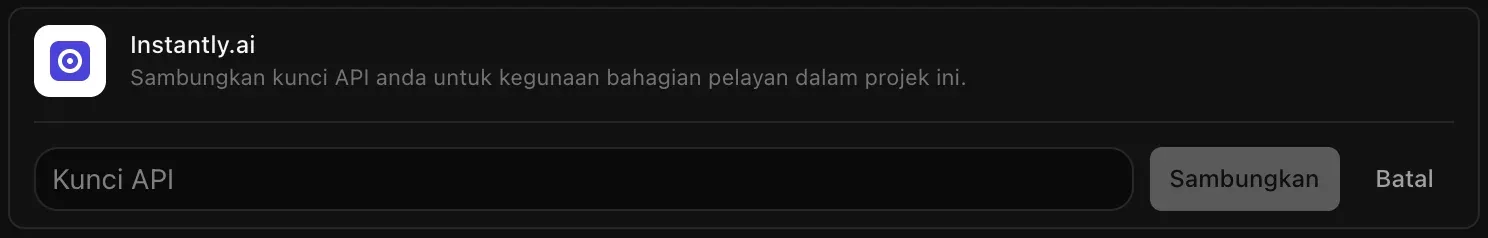 Baris Instantly.ai dibuka untuk disambungkan, dengan medan Kunci API yang kosong serta butang Sambungkan dan Batal
