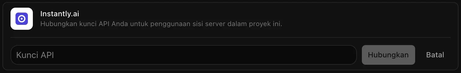 Baris Instantly.ai terbuka untuk dihubungkan, dengan kolom Kunci API yang masih kosong serta tombol Hubungkan dan Batal