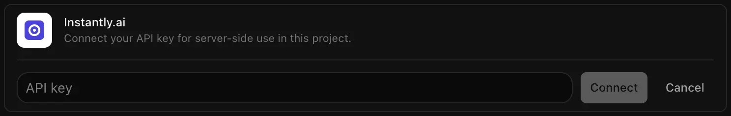 The Instantly.ai row opened for connecting, with an empty API key field and Connect and Cancel buttons