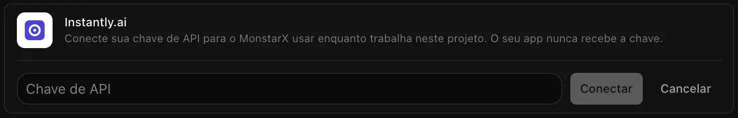 A linha do Instantly.ai aberta para conectar, com o campo Chave de API vazio e os botões Conectar e Cancelar