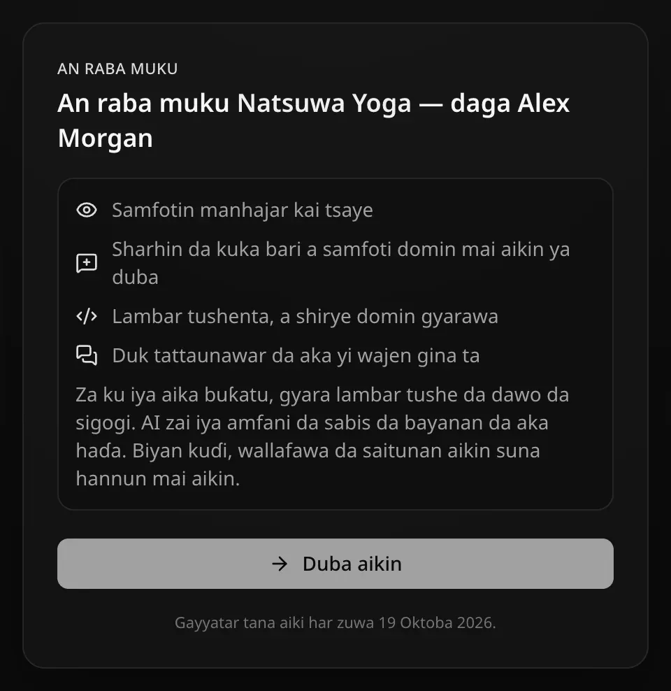 Shafin gayyata ga mai gyara: Lambar tushenta, a shirye domin gyarawa, da Za ku iya aika buƙatu, gyara lambar tushe da dawo da sigogi. AI zai iya amfani da sabis da bayanan da aka haɗa. Biyan kuɗi, wallafawa da saitunan aikin suna hannun mai aikin.