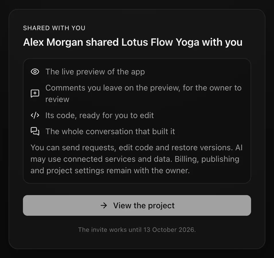 The invite page for an editor: Its code, ready for you to edit, and You can send requests, edit code and restore versions. AI may use connected services and data. Billing, publishing and project settings remain with the owner.