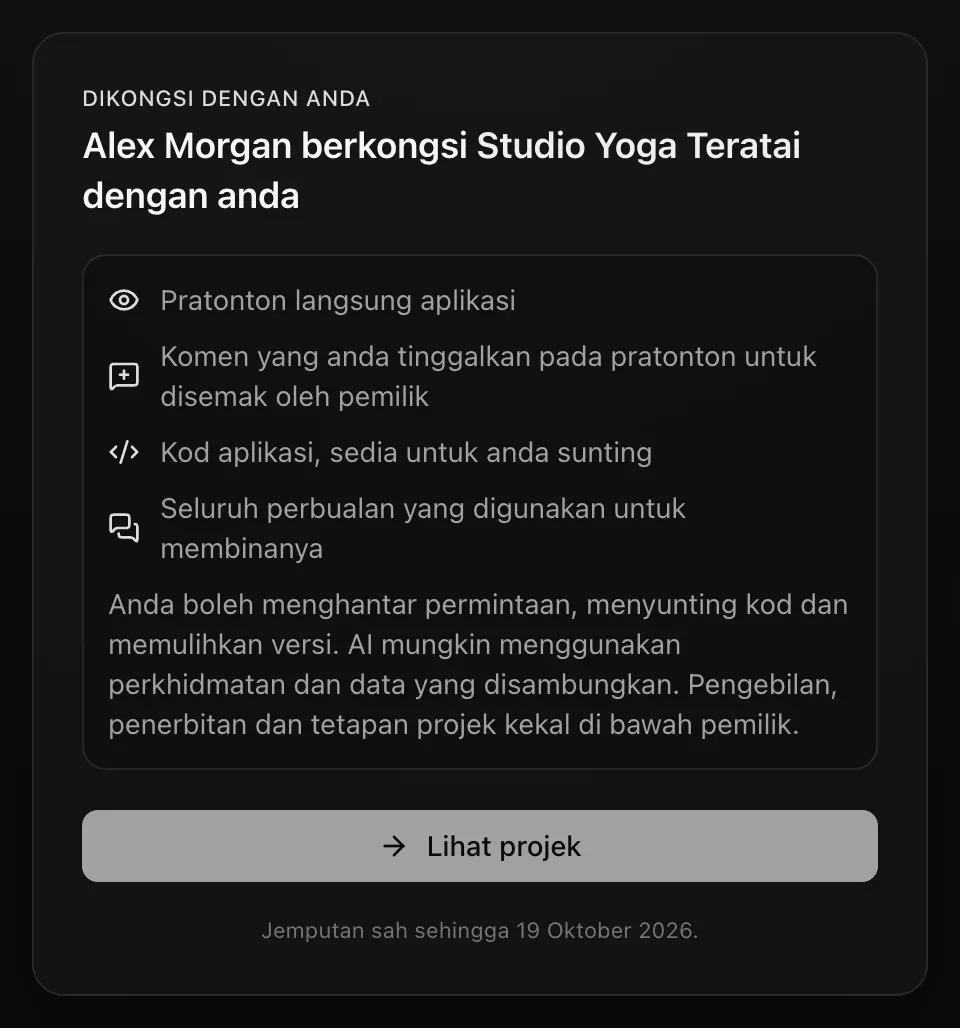Halaman jemputan bagi orang yang boleh menyunting: Kod aplikasi, sedia untuk anda sunting, dan anda boleh menghantar permintaan, menyunting kod dan memulihkan versi. AI mungkin menggunakan perkhidmatan dan data yang disambungkan. Pengebilan, penerbitan dan tetapan projek kekal di bawah pemilik.