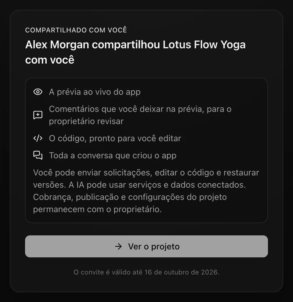 A página do convite para um editor: O código, pronto para você editar, e Você pode enviar solicitações, editar o código e restaurar versões. A IA pode usar serviços e dados conectados. Cobrança, publicação e configurações do projeto permanecem com o proprietário.