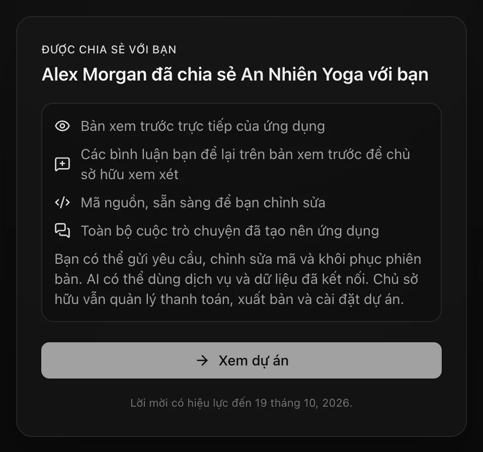 Trang lời mời cho người chỉnh sửa: Mã nguồn, sẵn sàng để bạn chỉnh sửa, và Bạn có thể gửi yêu cầu, chỉnh sửa mã và khôi phục phiên bản. AI có thể dùng dịch vụ và dữ liệu đã kết nối. Chủ sở hữu vẫn quản lý thanh toán, xuất bản và cài đặt dự án.