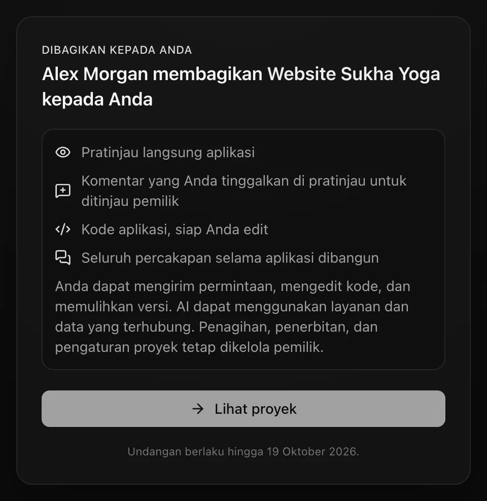 Halaman undangan untuk pengedit: Kode aplikasi, siap Anda edit, dan Anda dapat mengirim permintaan, mengedit kode, dan memulihkan versi. AI dapat menggunakan layanan dan data yang terhubung. Penagihan, penerbitan, dan pengaturan proyek tetap dikelola pemilik.