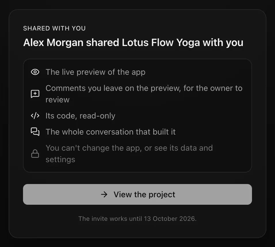The invite page when signed in: Shared with you. Alex Morgan shared Lotus Flow Yoga with you. The live preview of the app; Comments you leave on the preview, for the owner to review; Its code, read-only; The whole conversation that built it; You can't change the app, or see its data and settings. A View the project button and The invite works until 13 October 2026.