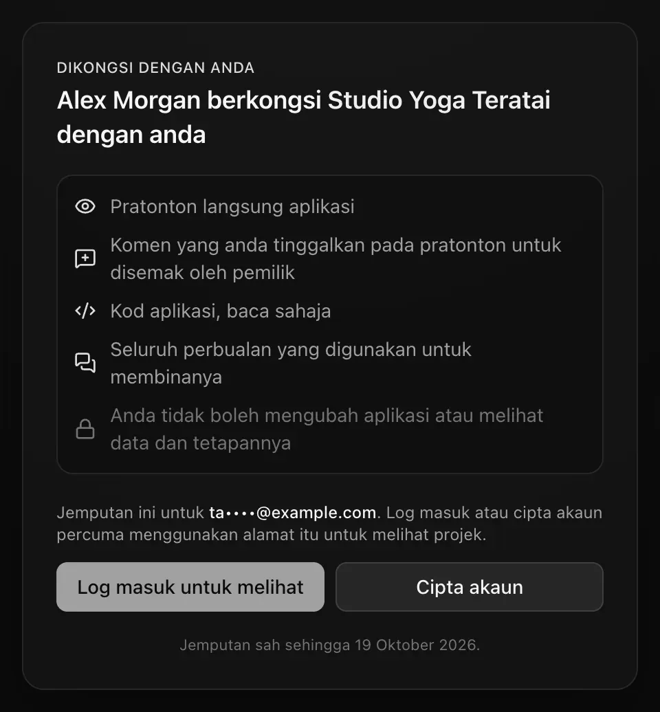 Halaman jemputan bagi orang yang belum log masuk: Alex Morgan berkongsi Studio Yoga Teratai dengan anda, apa yang akan dilihat, dan Jemputan ini untuk ta••••@example.com. Log masuk atau cipta akaun percuma menggunakan alamat itu untuk melihat projek. Butang Log masuk untuk melihat dan Cipta akaun