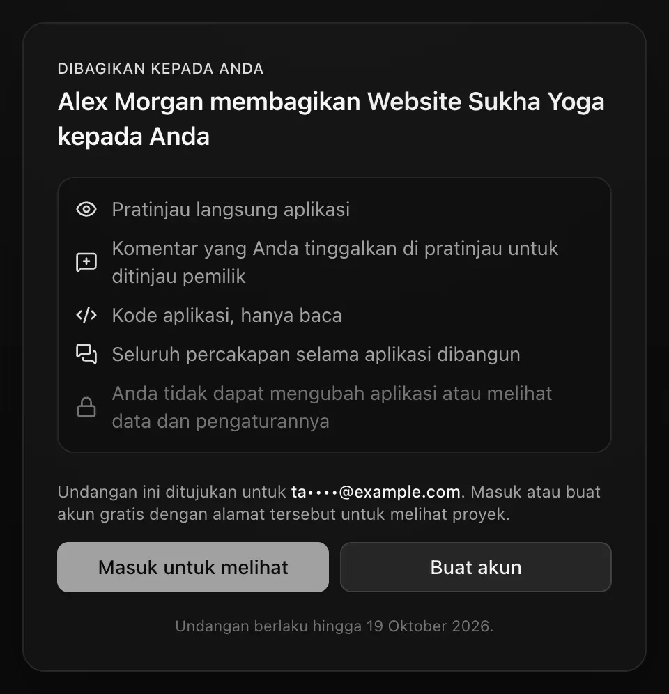 Halaman undangan untuk orang yang belum masuk: Alex Morgan membagikan Website Sukha Yoga kepada Anda, apa yang akan mereka lihat, dan keterangan bahwa undangan ini untuk ta••••@example.com dan mereka perlu masuk atau membuat akun gratis dengan alamat itu. Tombol Masuk untuk melihat dan Buat akun