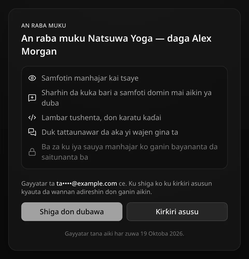 Shafin gayyata ga wanda bai shiga ba: An raba muku Natsuwa Yoga — daga Alex Morgan, abin da za a gani, da Gayyatar ta ta••••@example.com ce. Ku shiga ko ku ƙirƙiri asusun kyauta da wannan adireshin don ganin aikin. Maɓallan Shiga don dubawa da Ƙirƙiri asusu