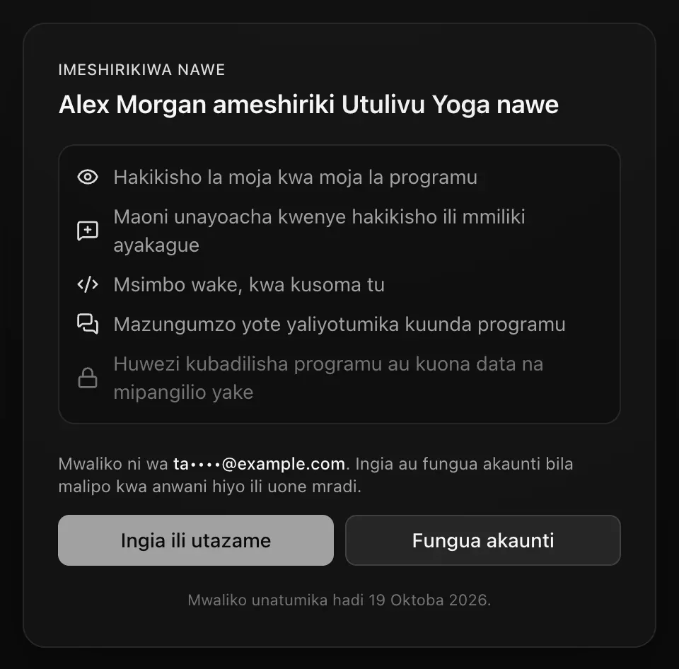 Ukurasa wa mwaliko kwa mtu ambaye hajaingia: Alex Morgan ameshiriki Utulivu Yoga nawe, kile atakachoona, na Mwaliko ni wa ta••••@example.com. Ingia au fungua akaunti bila malipo kwa anwani hiyo ili uone mradi. Vitufe vya Ingia ili utazame na Fungua akaunti