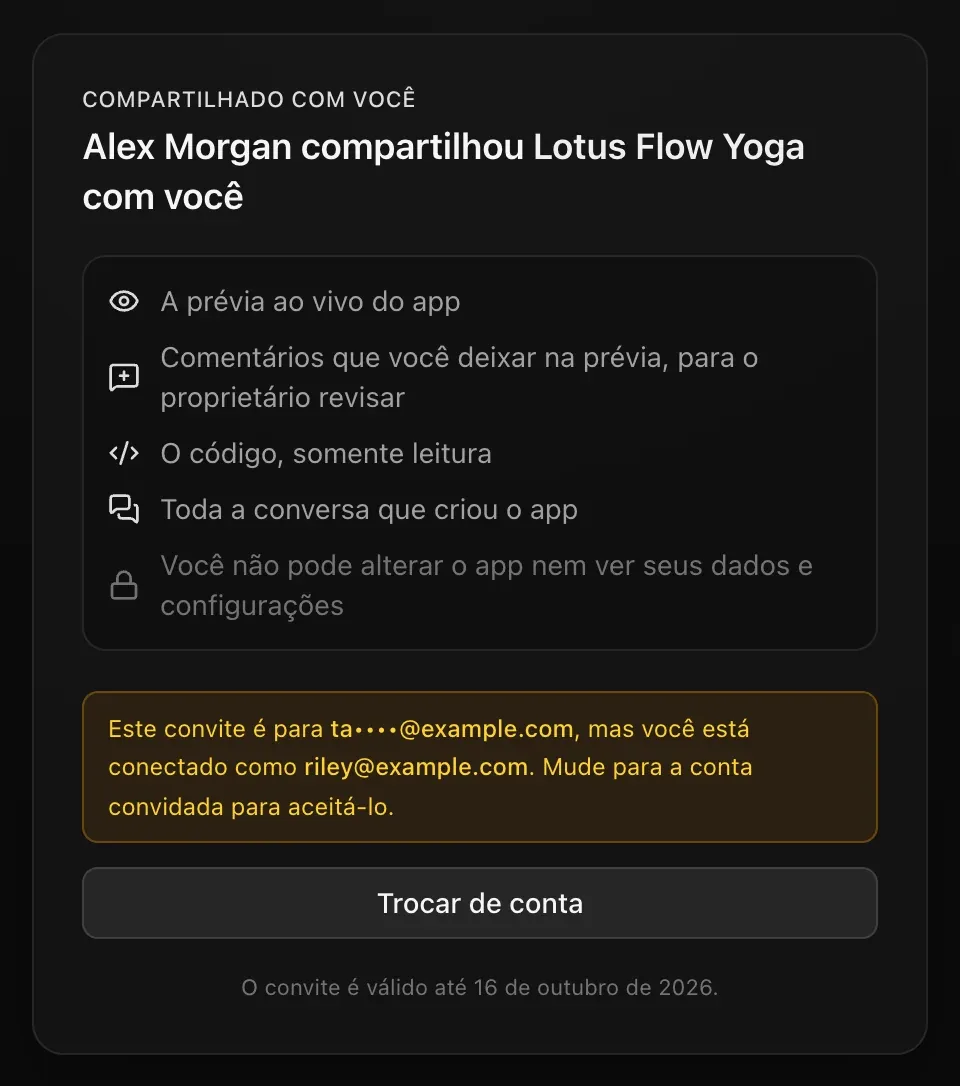 A página do convite com um aviso âmbar: Este convite é para ta••••@example.com, mas você está conectado como riley@example.com. Mude para a conta convidada para aceitá-lo. Um botão Trocar de conta